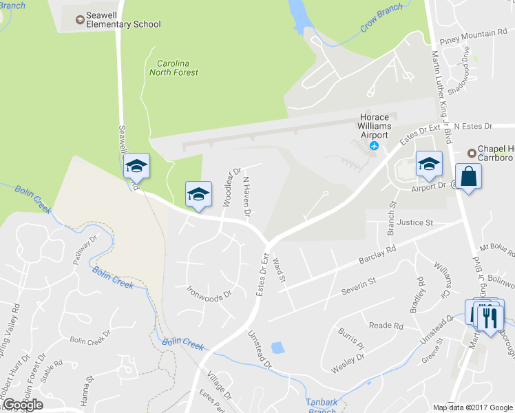 map of restaurants, bars, coffee shops, grocery stores, and more near 103 Marigold Court in Chapel Hill