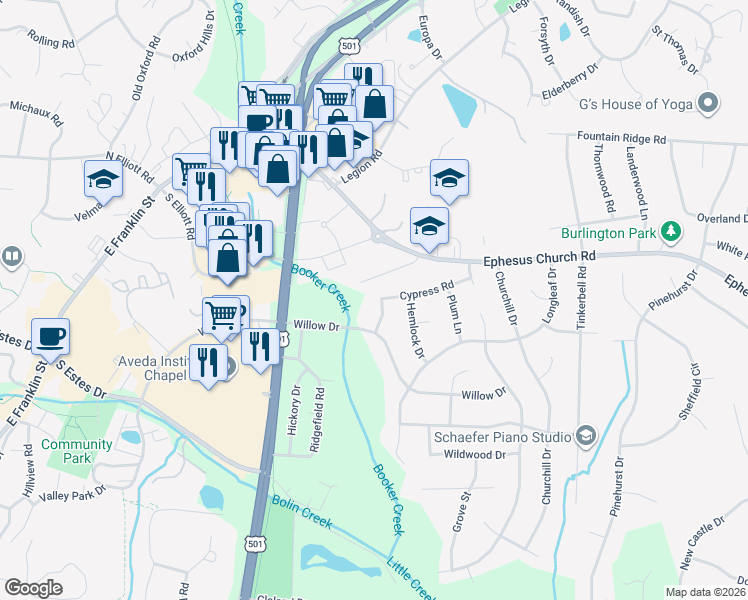 map of restaurants, bars, coffee shops, grocery stores, and more near 300 Spruce Street in Chapel Hill