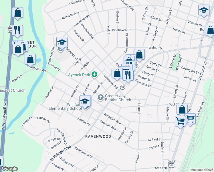 map of restaurants, bars, coffee shops, grocery stores, and more near 1120 Calvary Street in Rocky Mount
