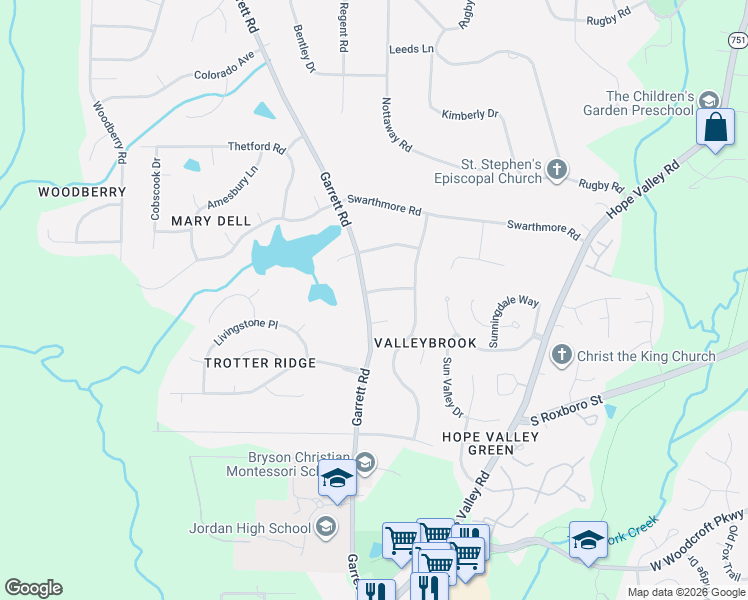 map of restaurants, bars, coffee shops, grocery stores, and more near 3919 Brixton Lane in Durham