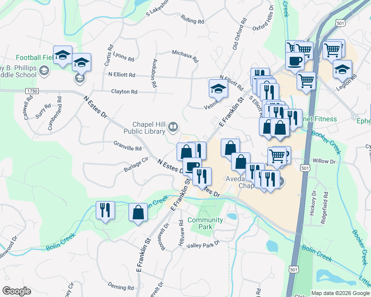 map of restaurants, bars, coffee shops, grocery stores, and more near 1505 East Franklin Street in Chapel Hill