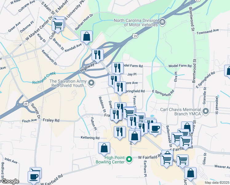map of restaurants, bars, coffee shops, grocery stores, and more near 2406 West Springfield Road in High Point