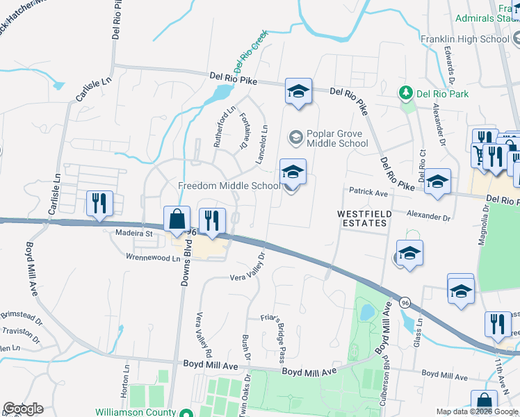 map of restaurants, bars, coffee shops, grocery stores, and more near 312 Devonshire Drive in Franklin