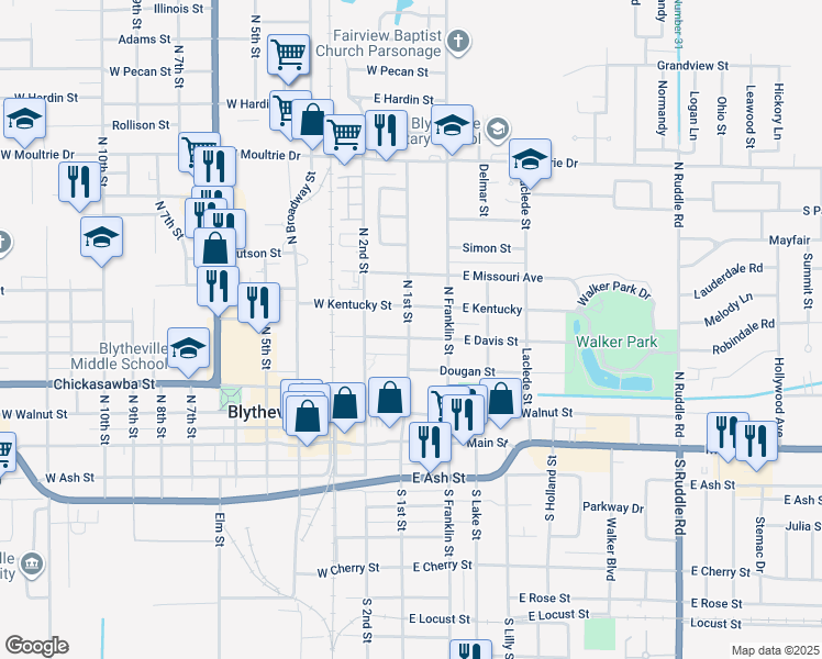 map of restaurants, bars, coffee shops, grocery stores, and more near 100 East Davis Street in Blytheville