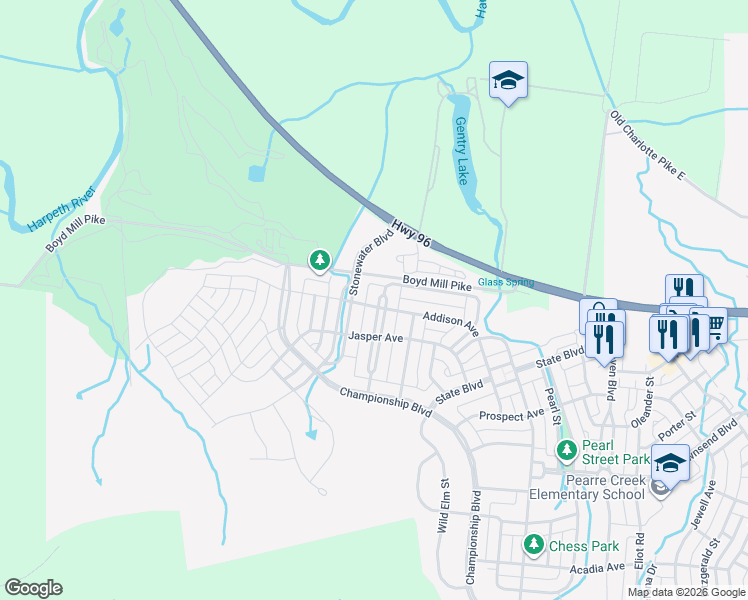 map of restaurants, bars, coffee shops, grocery stores, and more near 467 Wiregrass Lane in Franklin