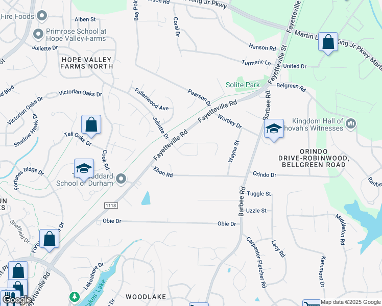 map of restaurants, bars, coffee shops, grocery stores, and more near 16 Juliette Drive in Durham