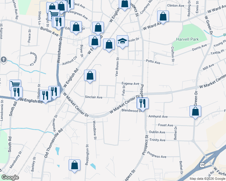 map of restaurants, bars, coffee shops, grocery stores, and more near 2407 Wilkes Street in High Point