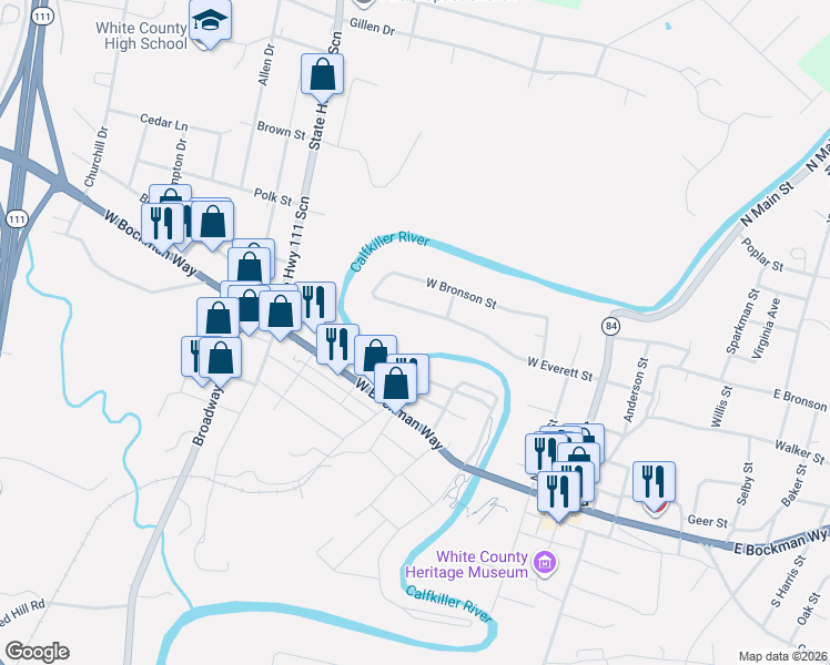 map of restaurants, bars, coffee shops, grocery stores, and more near 313 West Everett Street in Sparta