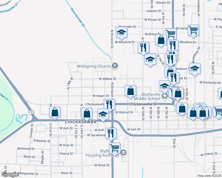 map of restaurants, bars, coffee shops, grocery stores, and more near 1201 Holly Street in Blytheville