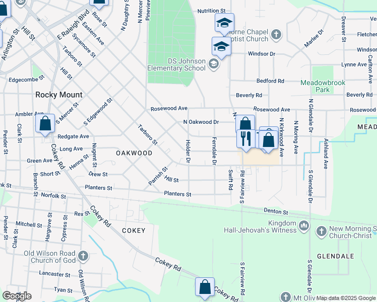 map of restaurants, bars, coffee shops, grocery stores, and more near Holder Drive in Rocky Mount