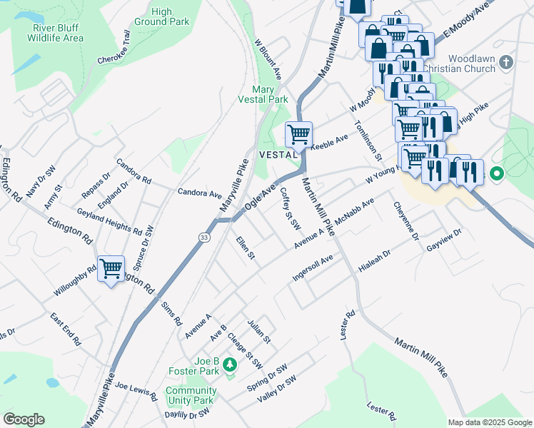 map of restaurants, bars, coffee shops, grocery stores, and more near 4302 Immanuel Street Southwest in Knoxville