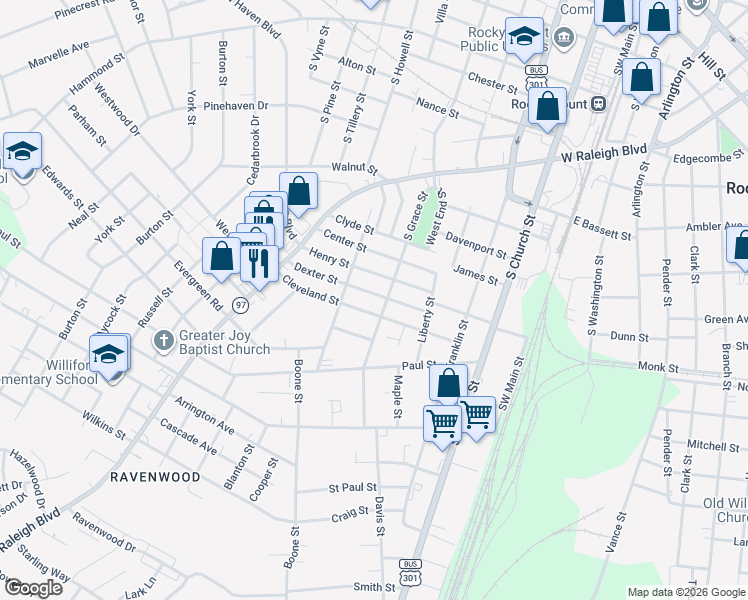 map of restaurants, bars, coffee shops, grocery stores, and more near 516 Cleveland Street in Rocky Mount