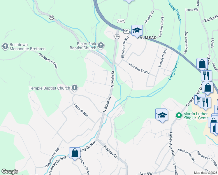 map of restaurants, bars, coffee shops, grocery stores, and more near 1311 Main Street Northwest in Lenoir