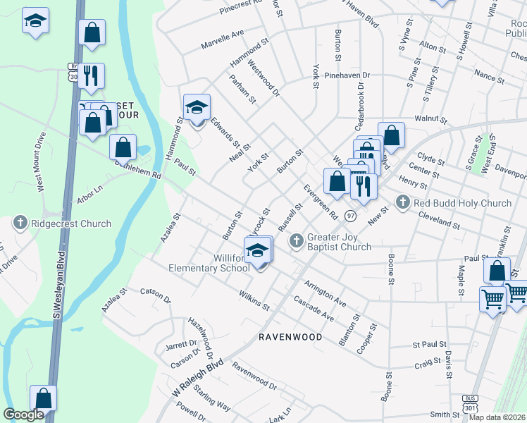 map of restaurants, bars, coffee shops, grocery stores, and more near 1000 Paul Street in Rocky Mount