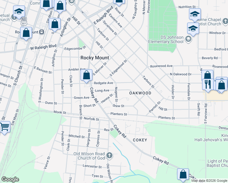 map of restaurants, bars, coffee shops, grocery stores, and more near 910 Nugent Street in Rocky Mount