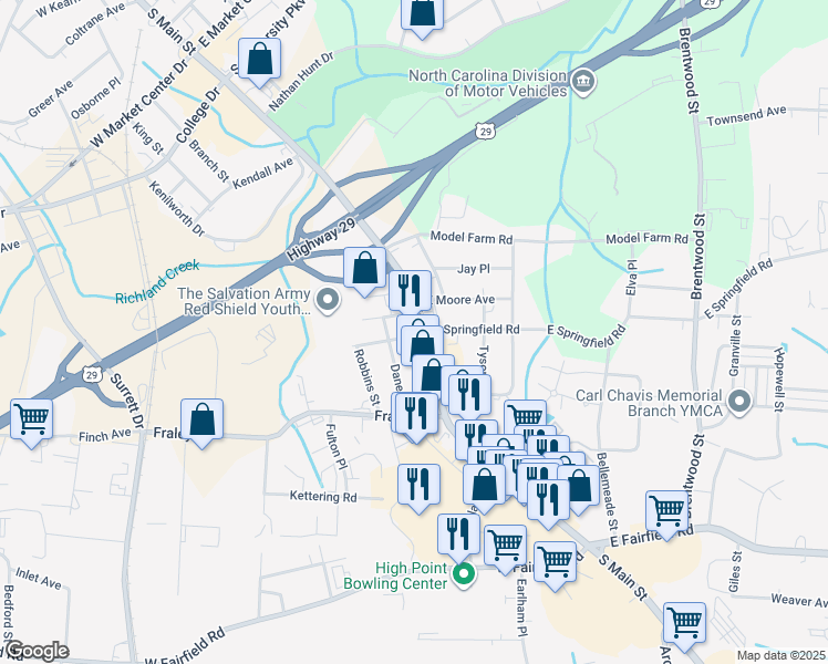 map of restaurants, bars, coffee shops, grocery stores, and more near 2406 West Springfield Road in High Point