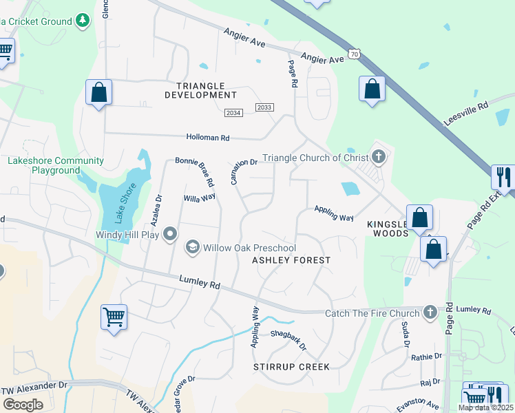 map of restaurants, bars, coffee shops, grocery stores, and more near 2512 Oleander Drive in Durham