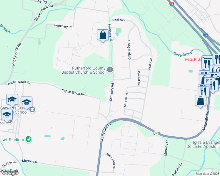 map of restaurants, bars, coffee shops, grocery stores, and more near 5868 Seminary Road in Smyrna
