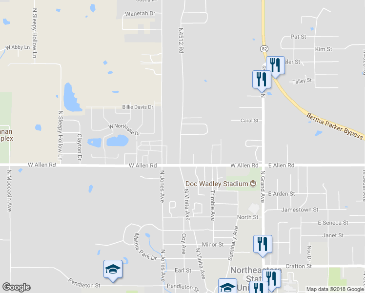 map of restaurants, bars, coffee shops, grocery stores, and more near 1404 North Vinita Avenue in Tahlequah