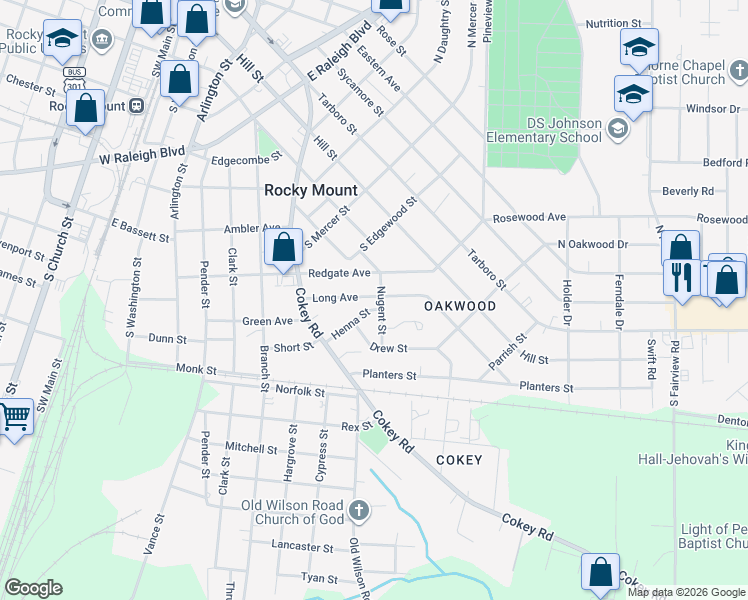 map of restaurants, bars, coffee shops, grocery stores, and more near 910 Nugent Street in Rocky Mount
