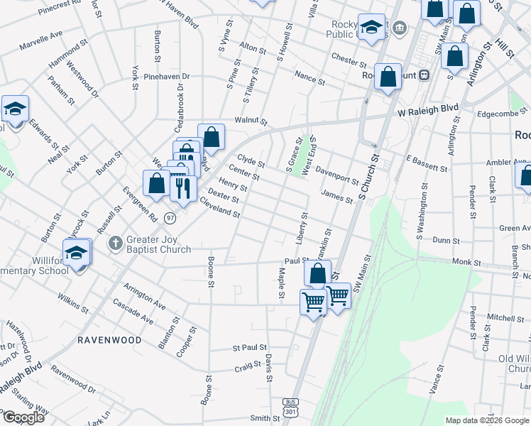 map of restaurants, bars, coffee shops, grocery stores, and more near 516 Cleveland Street in Rocky Mount