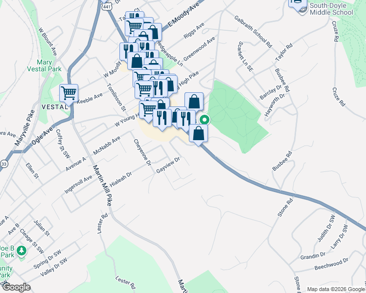 map of restaurants, bars, coffee shops, grocery stores, and more near 122 Overbrook Drive in Knoxville