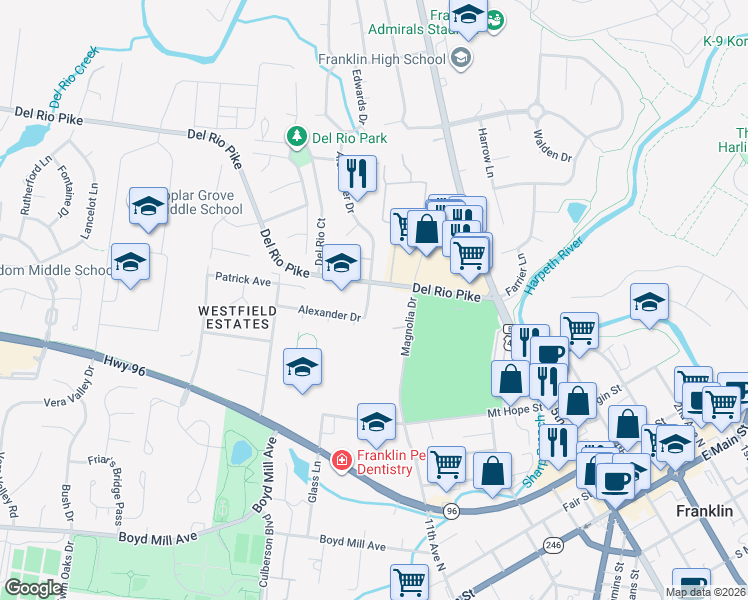 map of restaurants, bars, coffee shops, grocery stores, and more near 1143 Magnolia Drive in Franklin
