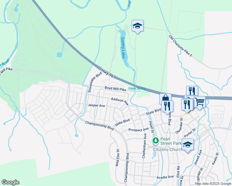 map of restaurants, bars, coffee shops, grocery stores, and more near 422 Wiregrass Lane in Franklin