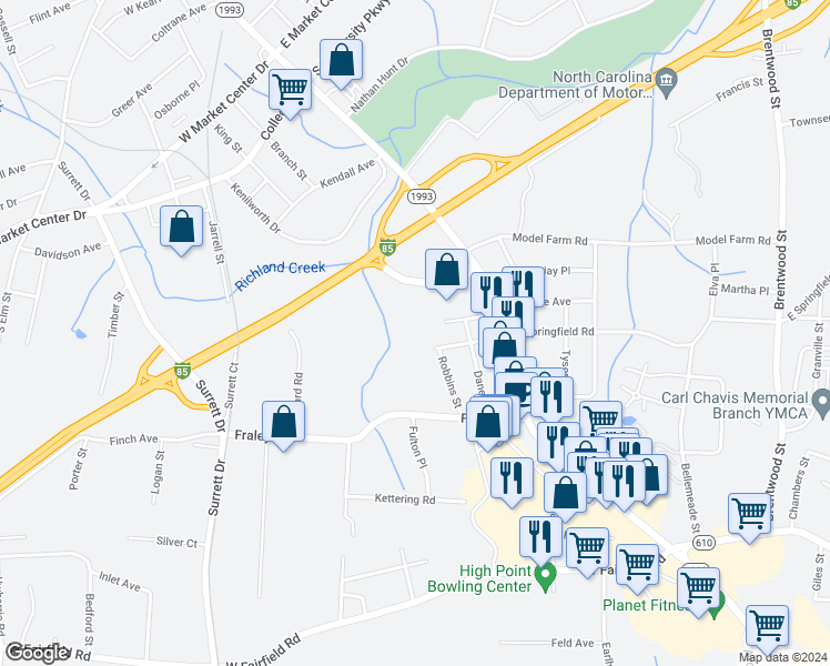 map of restaurants, bars, coffee shops, grocery stores, and more near 123 Southwest Cloverleaf Place in High Point