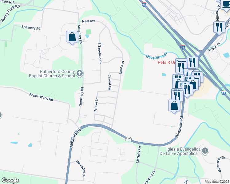 map of restaurants, bars, coffee shops, grocery stores, and more near 384 Sarava Lane in Smyrna