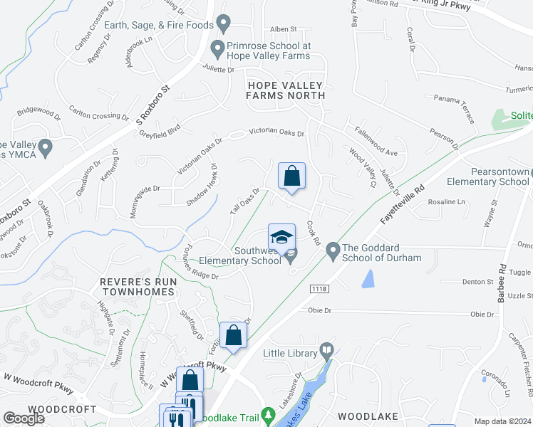 map of restaurants, bars, coffee shops, grocery stores, and more near 12 Cobble Glen Court in Durham
