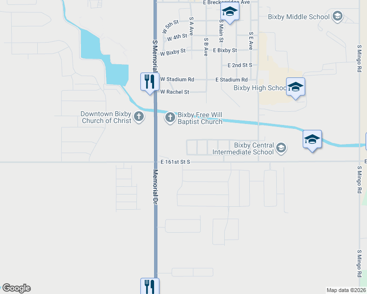 map of restaurants, bars, coffee shops, grocery stores, and more near 16052 South 83rd East Avenue in Bixby