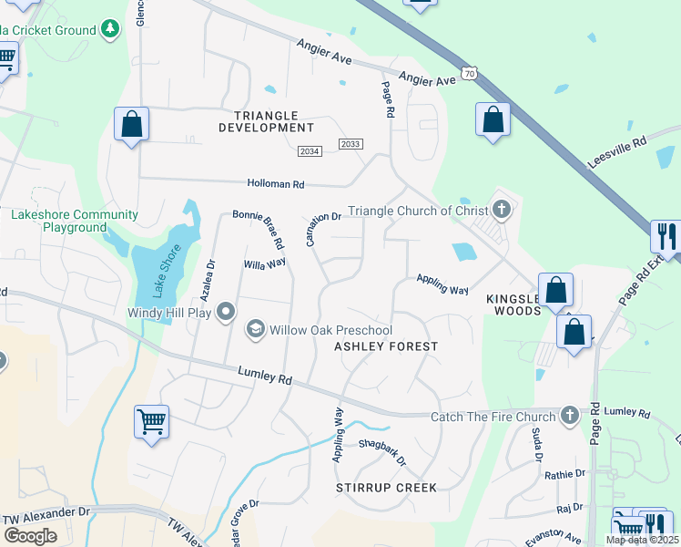 map of restaurants, bars, coffee shops, grocery stores, and more near 2512 Oleander Drive in Durham