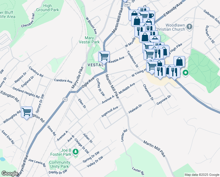 map of restaurants, bars, coffee shops, grocery stores, and more near 4323 Martin Mill Pike in Knoxville