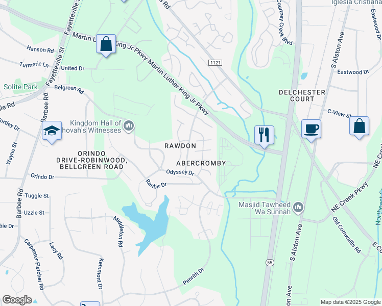 map of restaurants, bars, coffee shops, grocery stores, and more near 3612 Abercromby Drive in Durham