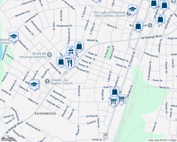 map of restaurants, bars, coffee shops, grocery stores, and more near 600 Cleveland Street in Rocky Mount