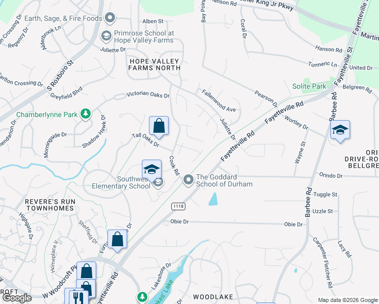 map of restaurants, bars, coffee shops, grocery stores, and more near 1016 Southwest Drive in Durham