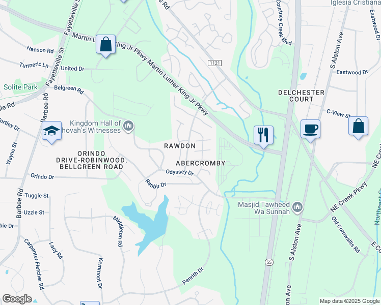 map of restaurants, bars, coffee shops, grocery stores, and more near 3612 Abercromby Drive in Durham