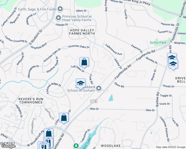 map of restaurants, bars, coffee shops, grocery stores, and more near 14 Keswick Court in Durham