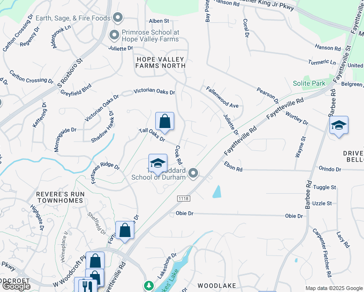 map of restaurants, bars, coffee shops, grocery stores, and more near 14 Keswick Court in Durham