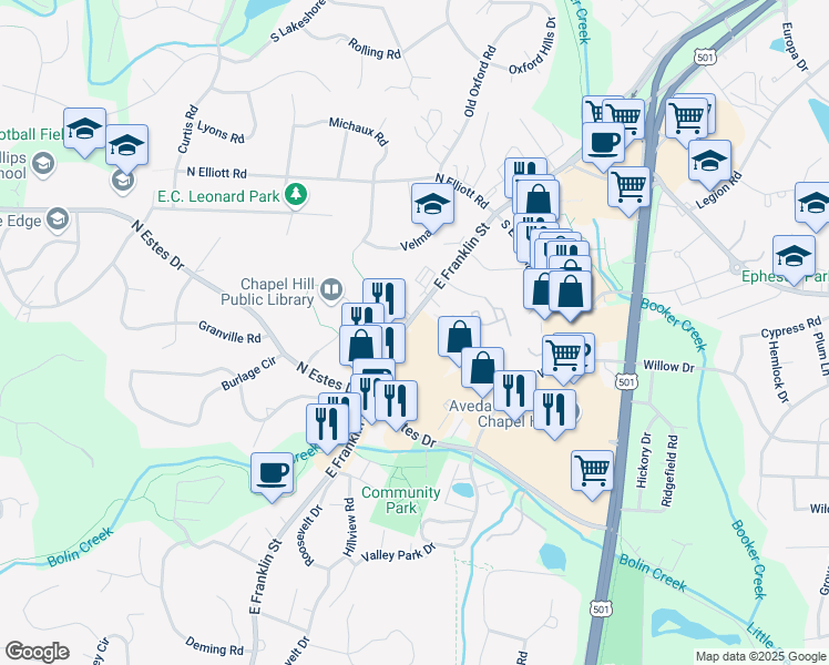 map of restaurants, bars, coffee shops, grocery stores, and more near 1512 East Franklin Street in Chapel Hill