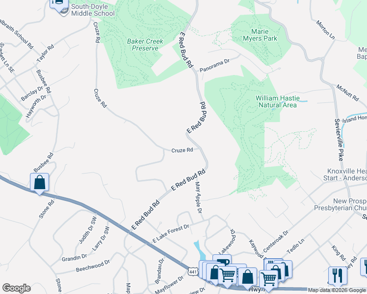 map of restaurants, bars, coffee shops, grocery stores, and more near 4420 Cruze Road in Knoxville