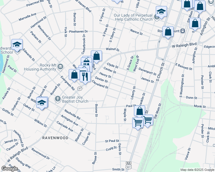 map of restaurants, bars, coffee shops, grocery stores, and more near 600 Cleveland Street in Rocky Mount