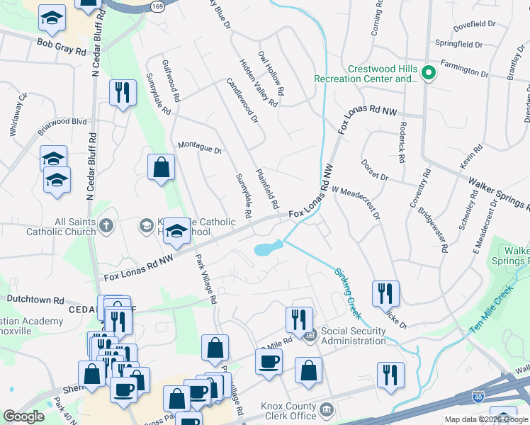 map of restaurants, bars, coffee shops, grocery stores, and more near 601 Plainfield Road in Knoxville
