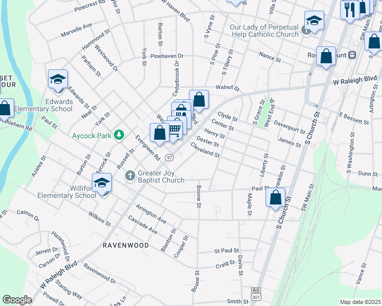 map of restaurants, bars, coffee shops, grocery stores, and more near 912 New Street in Rocky Mount