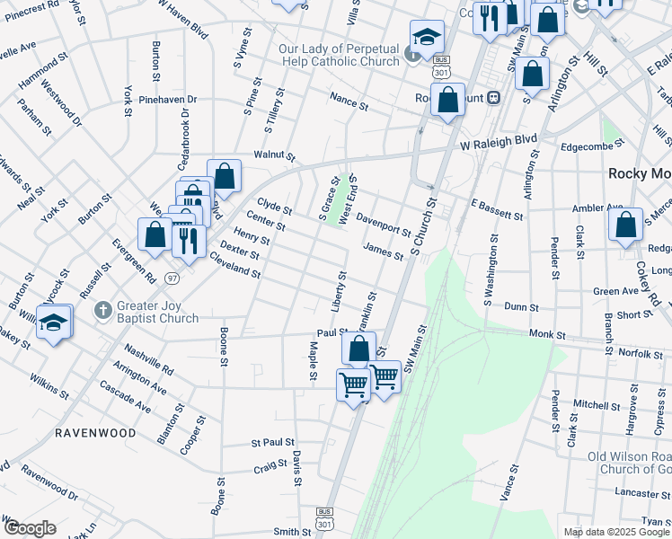 map of restaurants, bars, coffee shops, grocery stores, and more near 400 Dexter Street in Rocky Mount