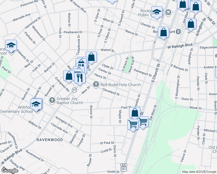 map of restaurants, bars, coffee shops, grocery stores, and more near 516 Cleveland Street in Rocky Mount
