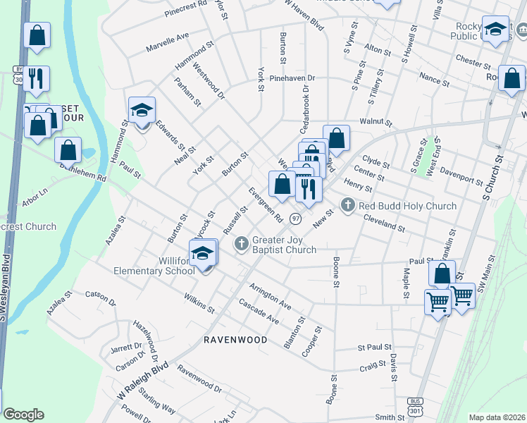map of restaurants, bars, coffee shops, grocery stores, and more near 1120 Calvary Street in Rocky Mount