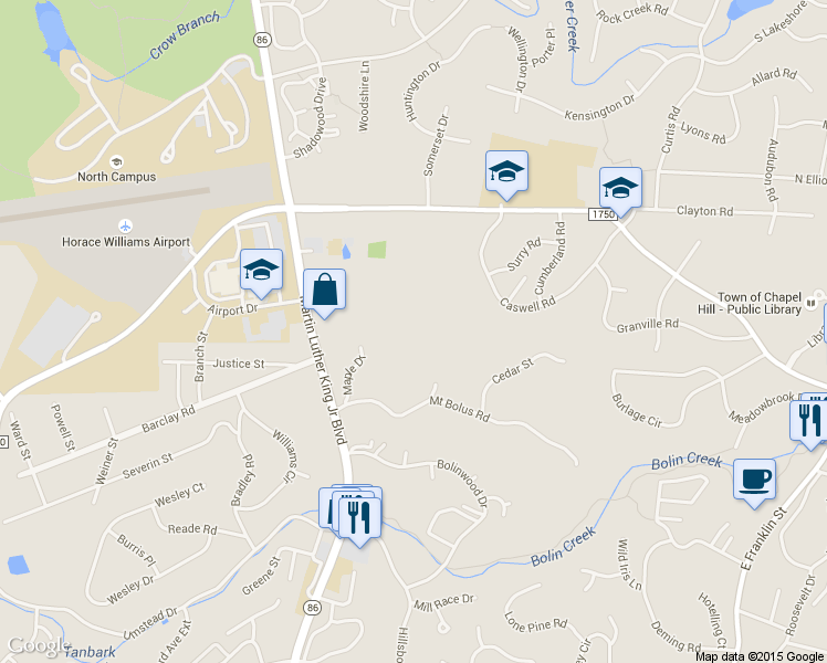 map of restaurants, bars, coffee shops, grocery stores, and more near 124 Maple Drive in Chapel Hill