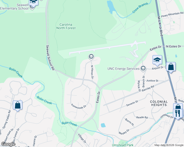 map of restaurants, bars, coffee shops, grocery stores, and more near 103 Marigold Court in Chapel Hill